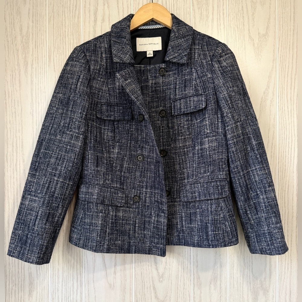 Banana Republic Linen Blend Blazer Double Breasted Crosshatched Tweed Size 8